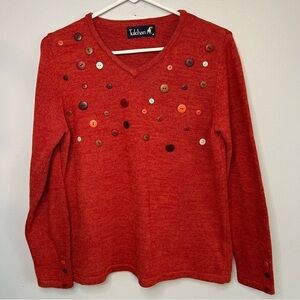 Tulchan Cotton V Neck Sweater Orange Sz M Buttons Teacher Artsy Student Retro